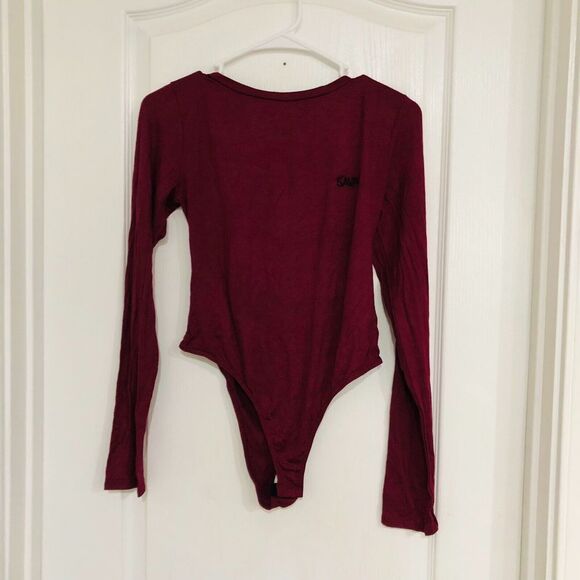 Wet Seal Bodysuit Women's Savage‎ Open Back Thong Burgundy Size XL NWT - Picture 2 of 6